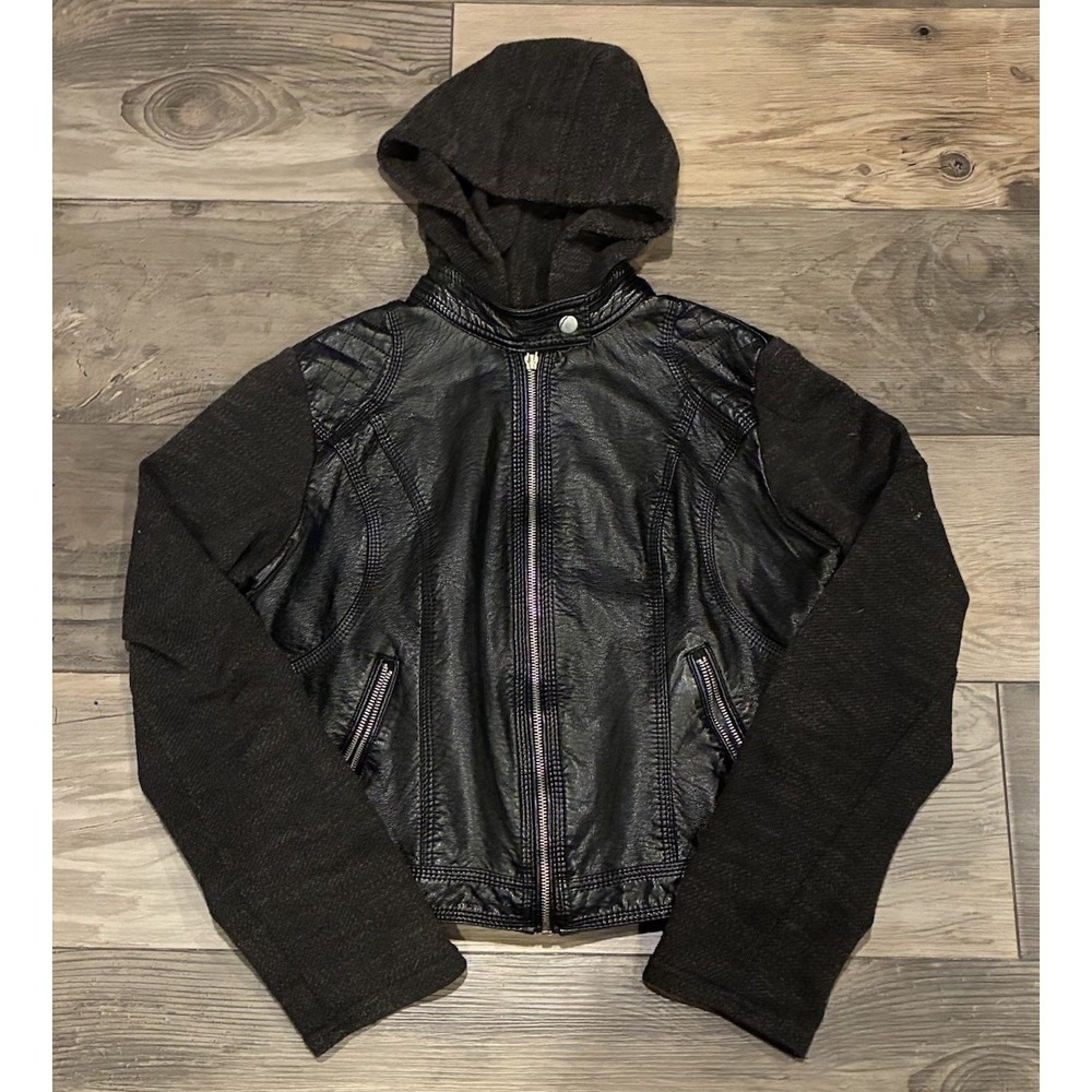 Xhilaration Womens Black Faux Leather Mixed Media Hooded Moto Jacket Size Medium